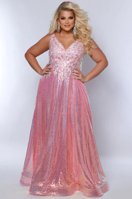 Sydney's Closet TE2431 Size 22 Dreamsicle Sequin A Line Prom Dress Plus Size Formal Gown V Neck Plus Size Knee-length