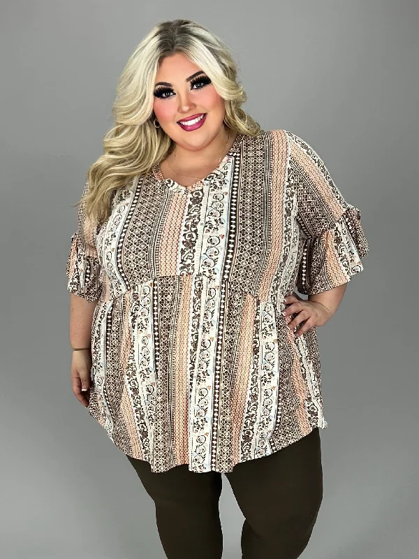 53 PSS {S'mores Around The Fire}  Brown & Orange V-Neck Scroll Print  Tunic EXTENDED PLUS SIZE 1X 2X 3X 4X 5X Plus Size V-neck