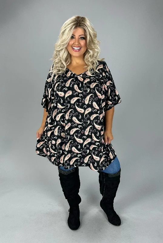 24 PSS {Worth A Try} Black/Pink Paisley V-Neck Tunic EXTENDED PLUS SIZE 4X 5X 6X Elegant Plus Gown