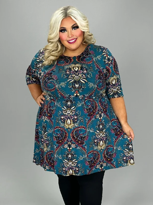 28 PSS {My Next Adventure} Teal Paisley Babydoll Tunic EXTENDED PLUS SIZE 4X 5X 6X Plus Size Ruffle