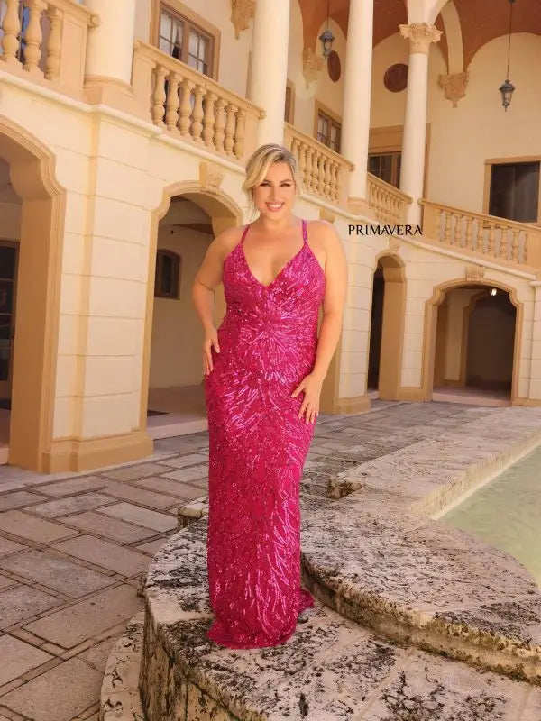 Primavera Couture 14051 Size 20W Fuchsia Long Prom Dress Plus Size Sequin Plunging Neckline Fitted Formal Gown Plus Size Luxe