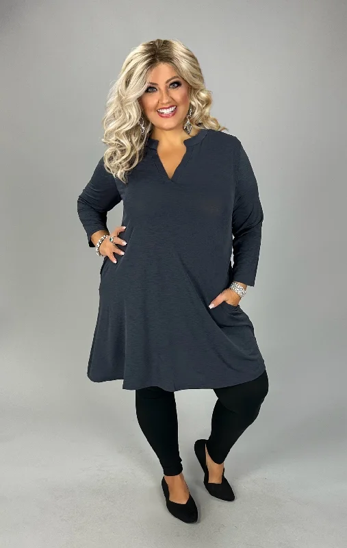 30 SQ {Dressed With Confidence} Charcoal Collared Tunic w/Pockets PLUS SIZE XL 2X 3X Plus Size Dress