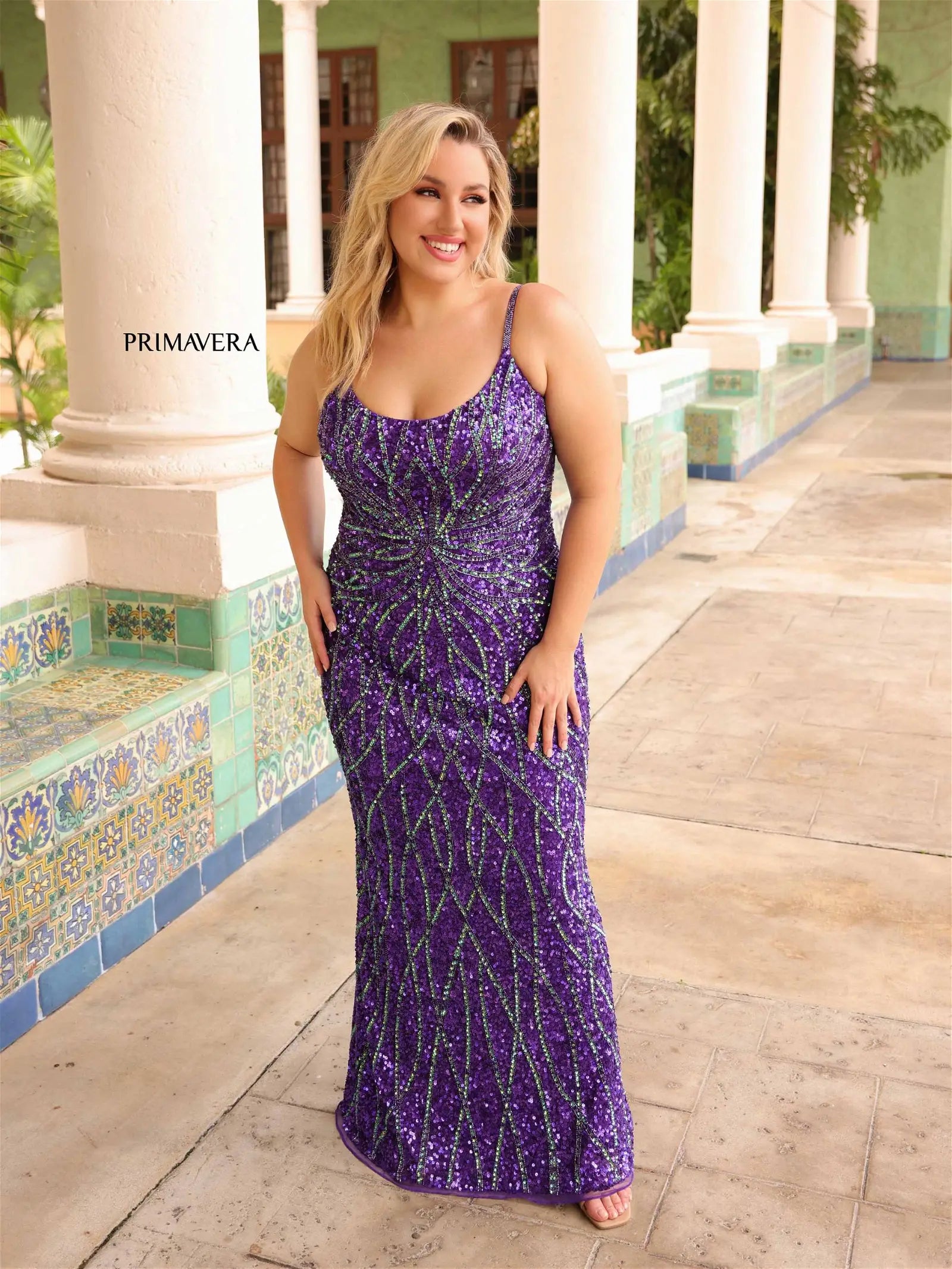 Primavera Couture 14045 Size 22W Purple Plus Size Sequin Prom Dress Backless Corset Scoop Neck Gown Plus Size Sexy