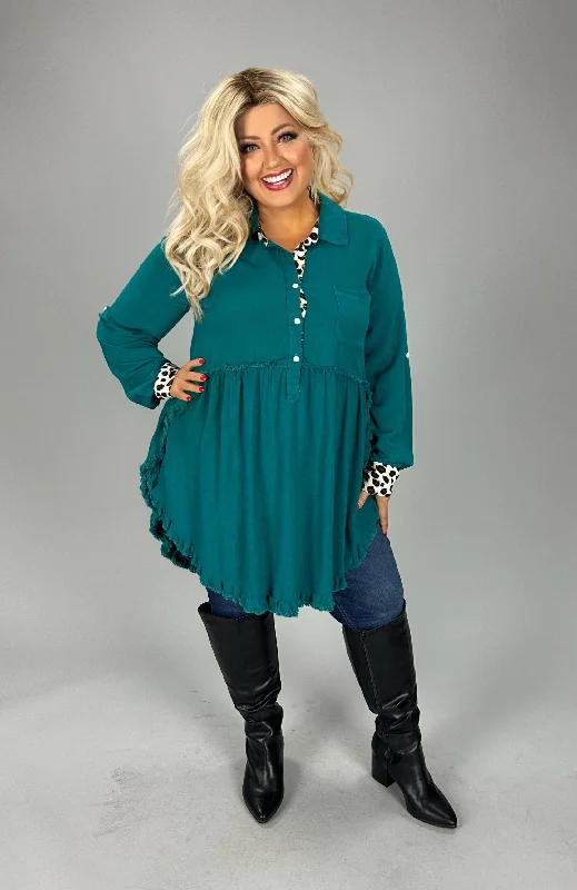 11 CP-Z {Away For A While} Umgee Teal w/Leopard Tunic PLUS SIZE XL 1X 2X Plus Size Embroidered