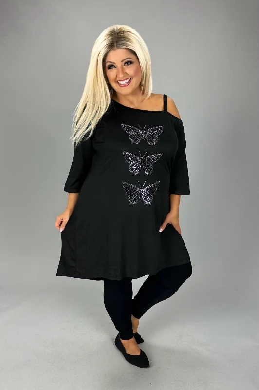 SALE!! CW OS Black One Shoulder 3 Butterfly Print Tunic EXTENDED PLUS SIZE 3X 4X 5X 6X Plus Size Chic