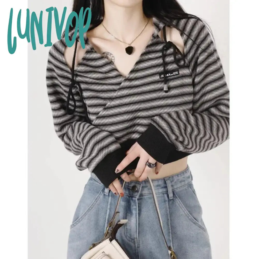 Lunivop Vintage Striped Hoodie Tops Women 2024 Spring All-match Slim Fit Sweatshirt Mujer Y2k Long Sleeve Hollow Out Everyday Hoodie Sweatshirt