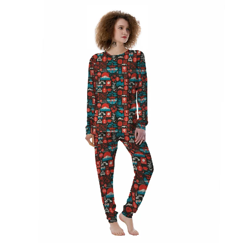 Red Japanese Characters Print Pattern Women's Pajamas Work-from-home pajama sets