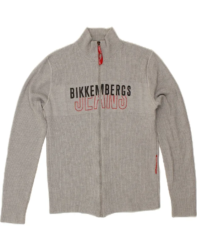 BIKKEMBERGS Womens Graphic Cardigan Sweater UK 14 Large Grey Cotton Stretchable sweaters