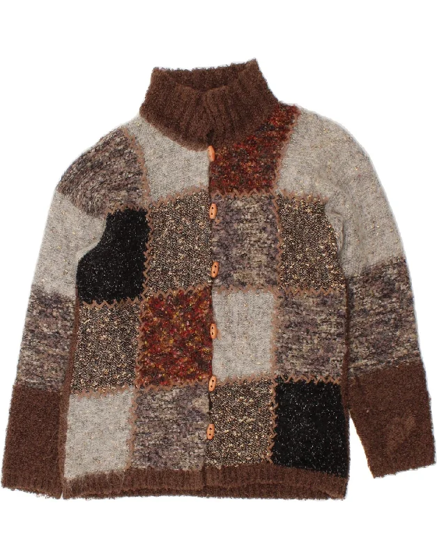 CREATION Womens Cardigan Sweater One Size Brown Patchwork Acrylic Christmas sweaters