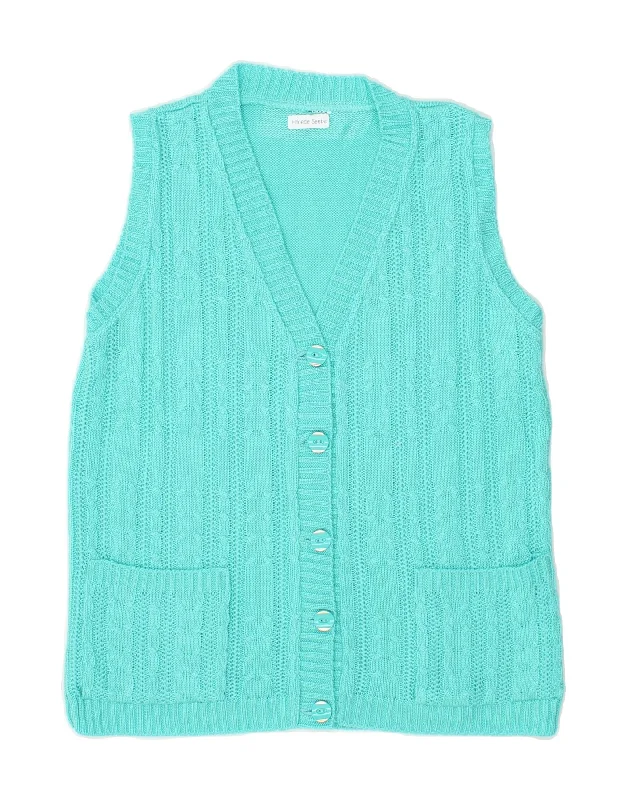 VINTAGE Womens Sleeveless Cardigan Sweater UK 12 Medium Turquoise Boho-style sweaters