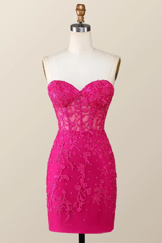 Hot Pink Lace Appliques Tight Mini Dress Spring mini dresses