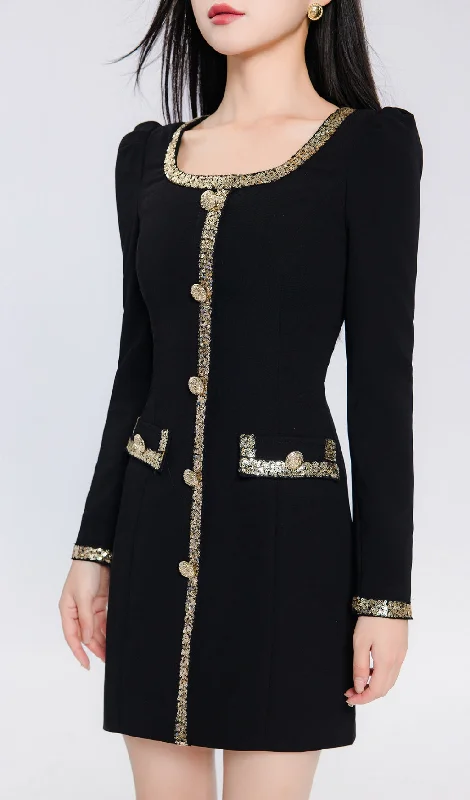 GOLD TRIM LONG SLEEVE MINI DRESS IN BLACK Festival mini dresses