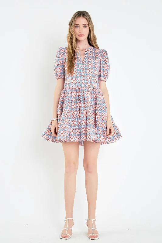 Print Puff Sleeve Mini Dress Birthday mini dresses