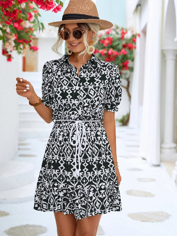 Printed Tie Waist Collared Flounce Sleeve Dress Best mini dresses for elegant looks