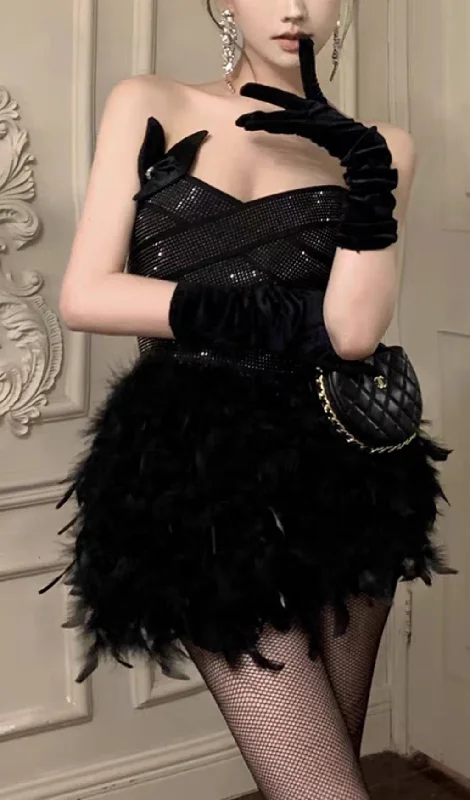 RHINESTONE FEATHER STRAPLESS MINI DRESS IN BLACK Comfortable mini dresses for everyday wear