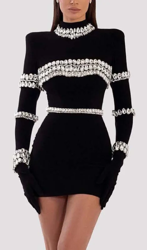 SILVER STONES LONG SLEEVE MINI DRESS IN BLACK Corset mini dresses