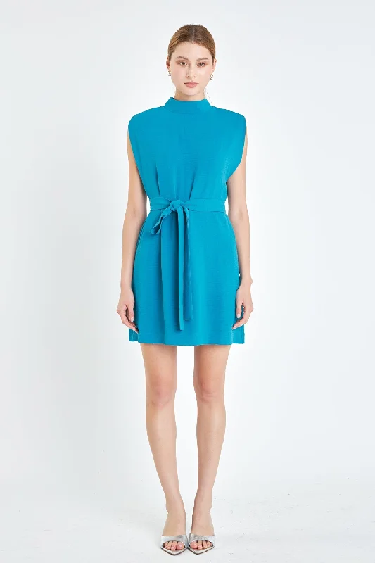 Sleveless Shoulder Pad Shift Dress with Tie Shein mini dresses