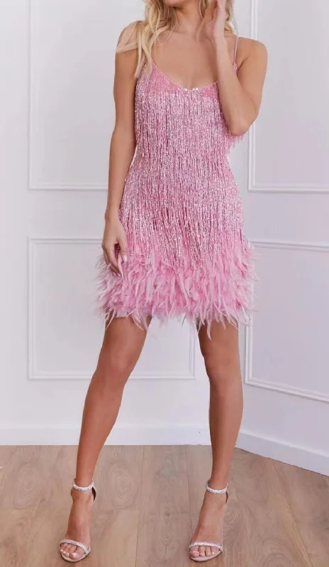 TASSEL FEATHER MINI DRESS IN PINK Affordable mini dresses