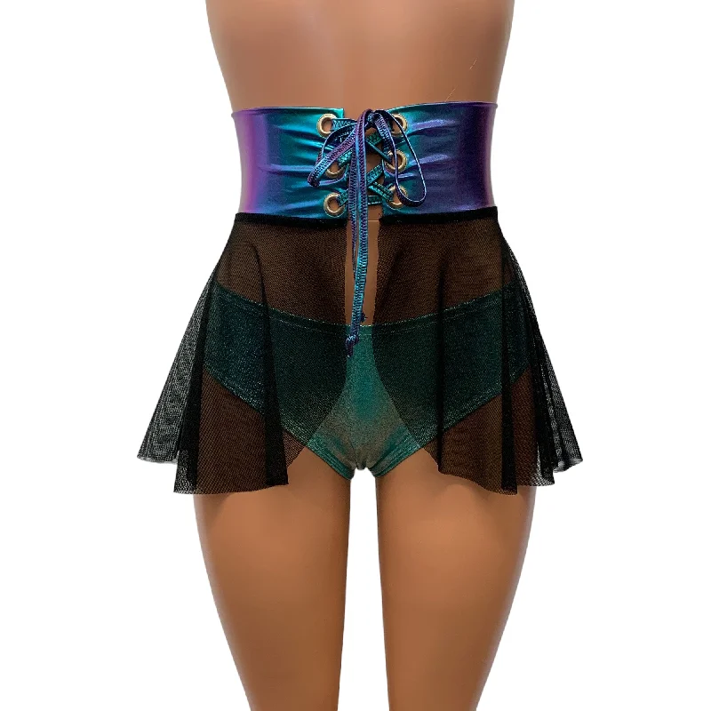 Lace-Up Corset Skirt - Black Mesh w/ Oil Slick Holo Pastel unclassified skirts