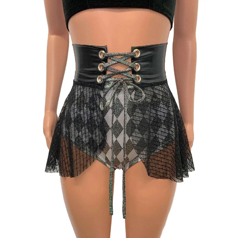 Lace-Up Corset Skirt - Black Vixen Mesh w/ Black Metallic Everyday wear unclassified skirts