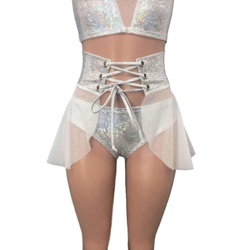 Lace-Up Corset Skirt - White Mesh w/ Silver Shattered Glass Graduation unclassified skirts