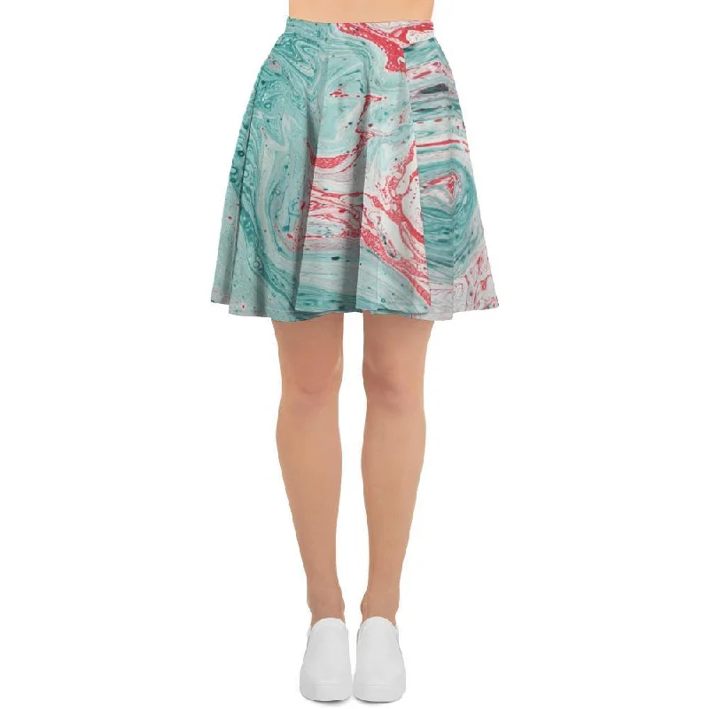 Mixed Red and Turquoise Marble Women's Skirt Pleated unclassified skirts