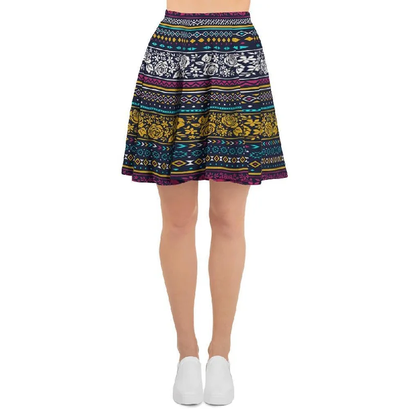 Multicolor Rose Floral Abstract Tribal Aztec Women's Skirt Flowy unclassified skirts