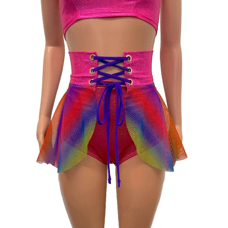 SALE - SMALL - Lace-Up Corset Skirt - Rainbow Mesh w/Pink Sparkle Street style unclassified skirts