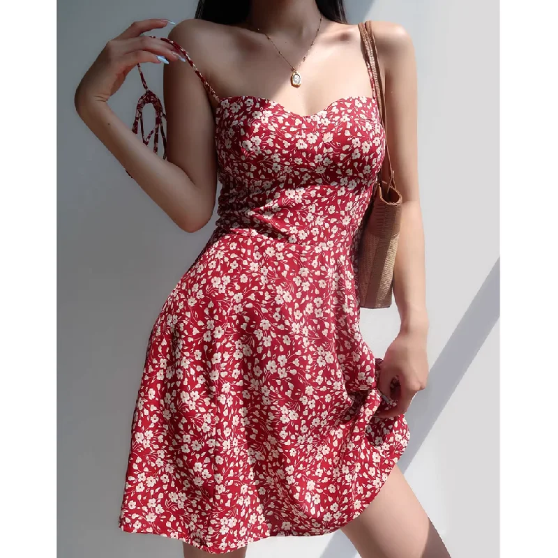 Backless Waist V-Neck Red Floral Suspender Dress Formal floral dresses