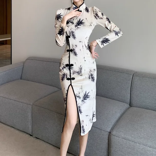 Bamboo Print Slit Slim Chinese Cheongsam Dress Fashion Nova floral dresses