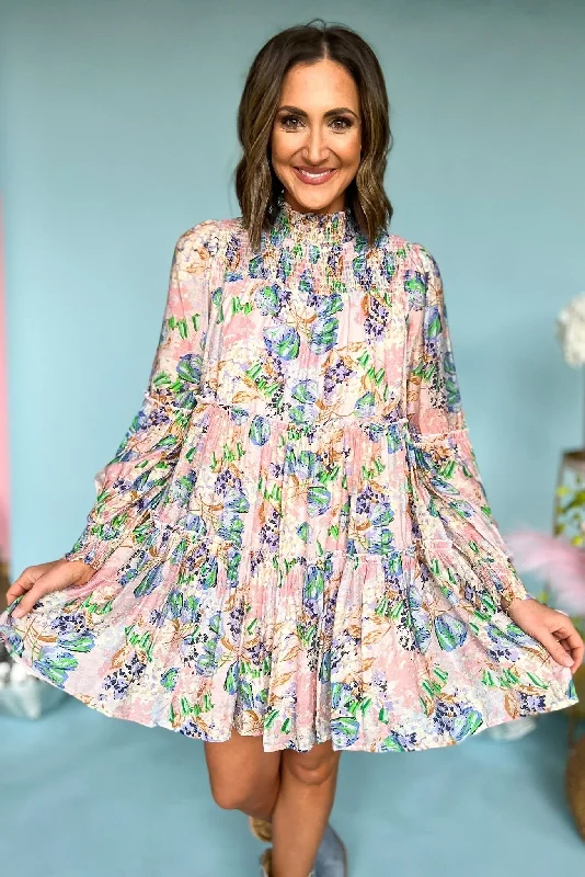 Blush Floral Smocked Mock Neck Long Sleeve Tiered Dress Cottagecore floral dresses