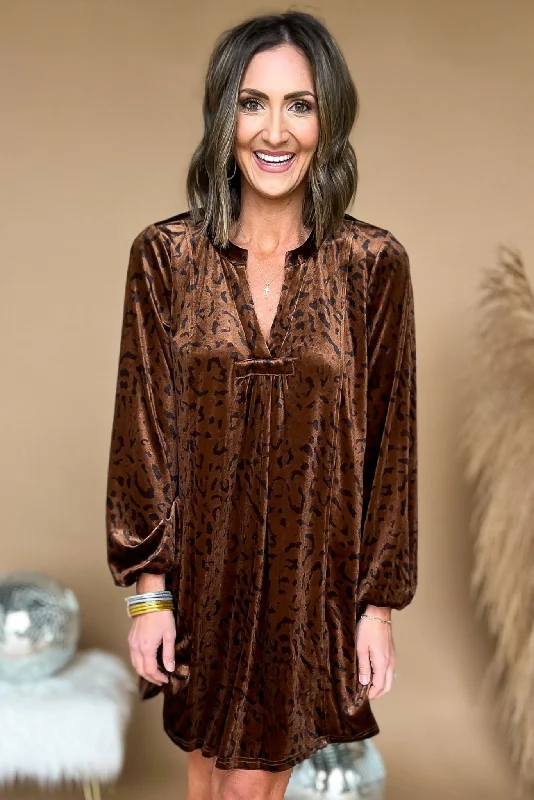 Brown Animal Print Velvet V Neck Long Sleeve Dress Revolve floral dresses