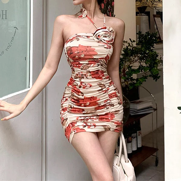 Floral Pleated Shoulder Strap Bodycon Dress Halter floral dresses