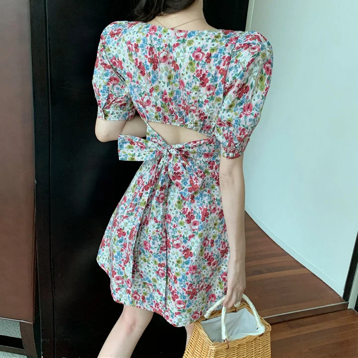 Floral Puff Sleeve Square Neck Backless Dress Cottagecore floral dresses