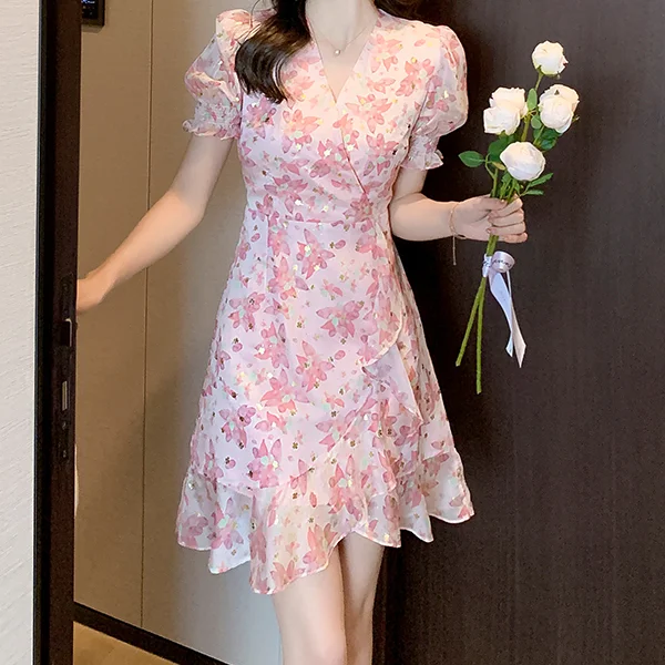 Floral V-Neck Chiffon Fishtail Dress Women's trendy floral dresses sale