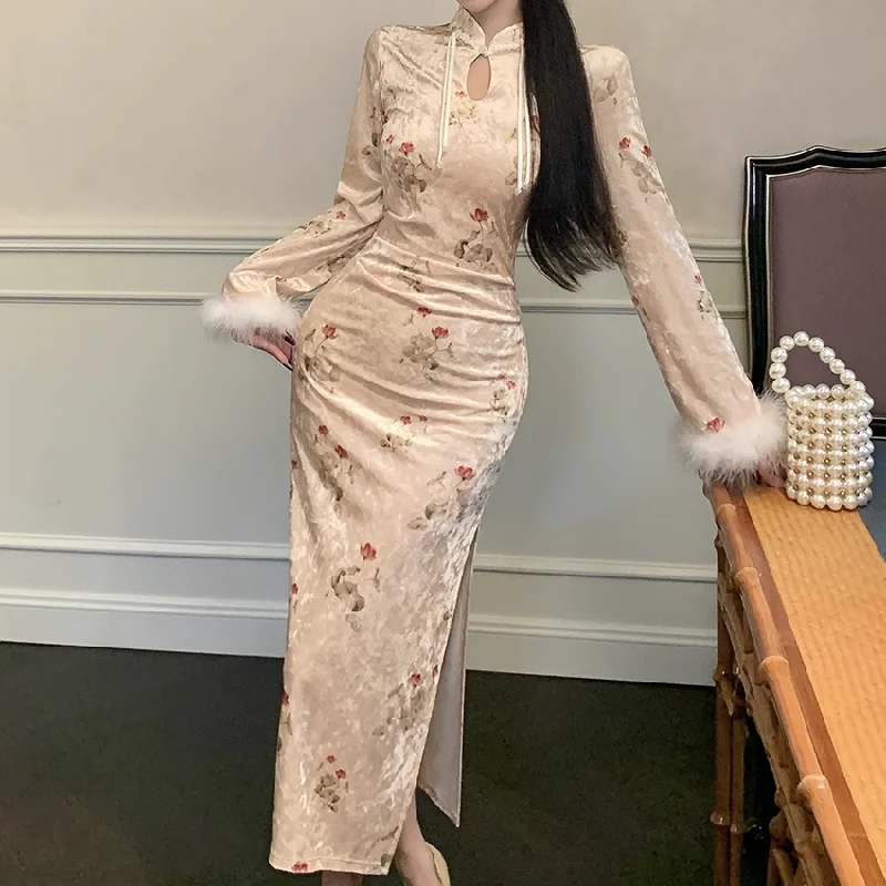 Furry Sleeve Floral Slit Slim Cheongsam Dress Date night floral dresses