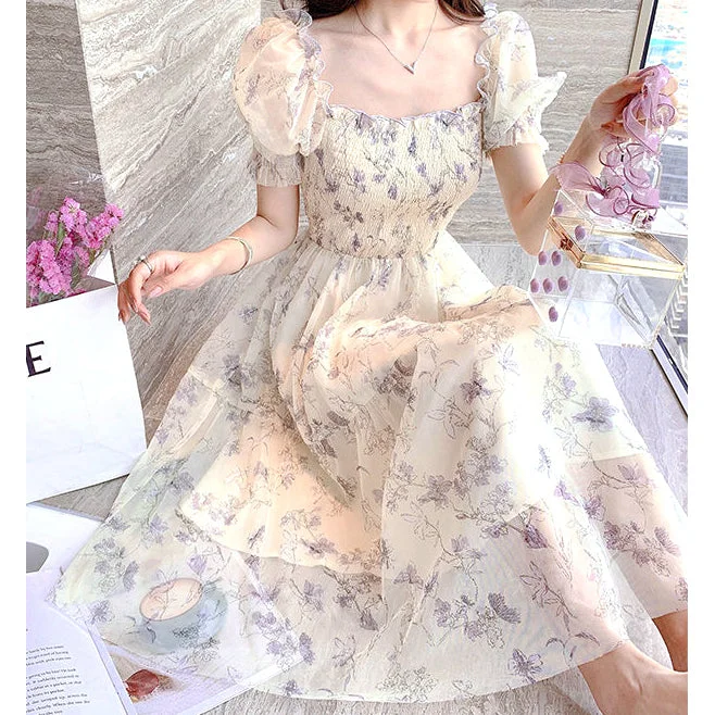 Ink Painting Puff Sleeve Waist Chiffon Floral Dress Plus size floral dresses