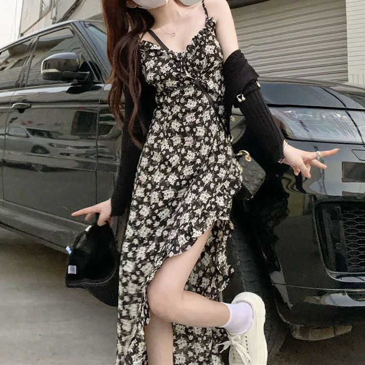 Irregular Slit Black Slim Floral Sling Dress H&M floral dresses