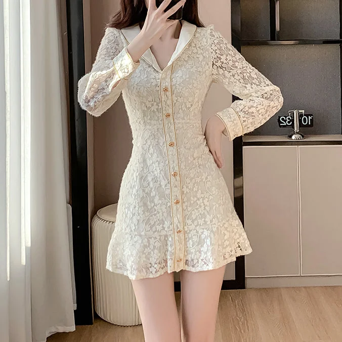 Lace Lapel Single-Breasted Floral Dress Party floral dresses