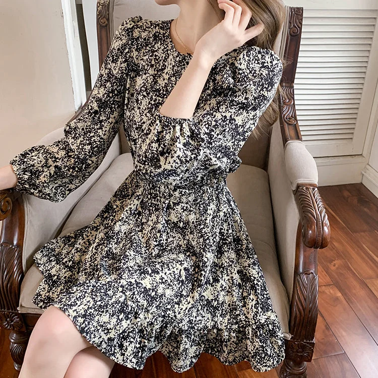 Retro Floral Long-Sleeved A-Line Chiffon Short Dress Spring floral dresses