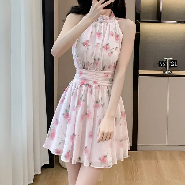 Sleeveless Waist Chiffon Pink Floral Dress Mini floral dresses