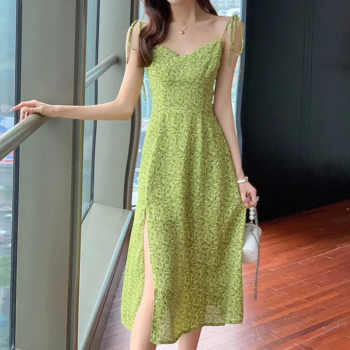 Slit V-Neck Chiffon Floral Sling Dress Lightweight floral dresses for hot weather