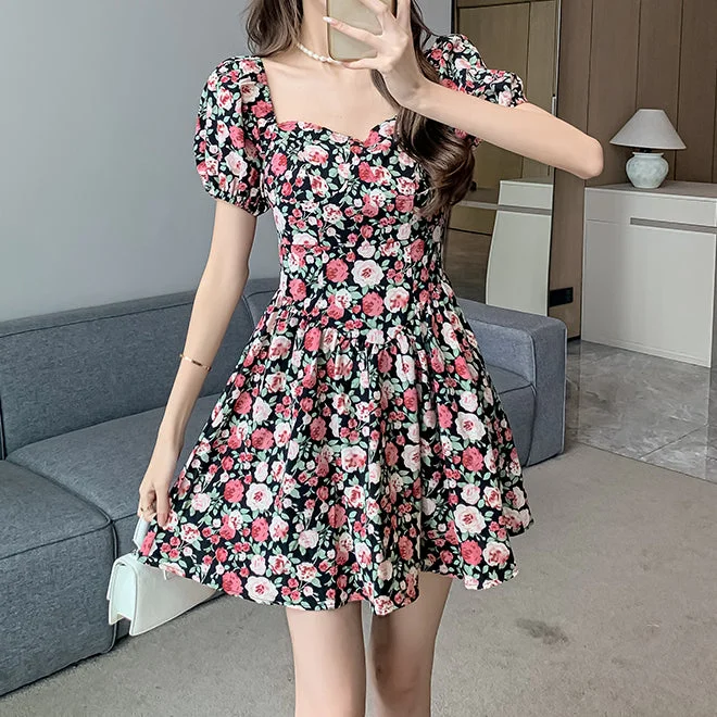 Square Neck Floral Puff Sleeve Short Dress Graduation floral dresses