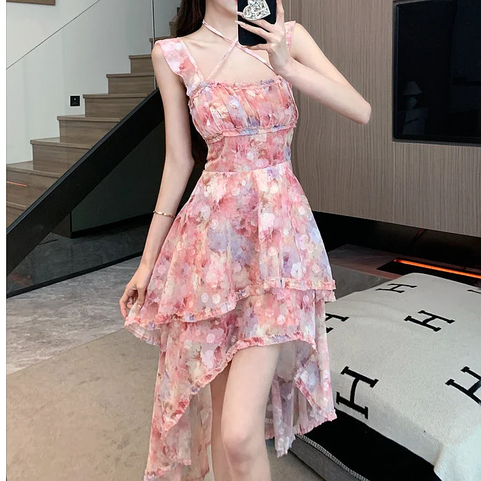 Square Neck Waist Irregular Floral Sling Dress Anniversary floral dresses