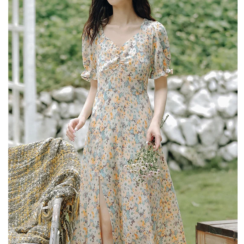 V-Neck Twisted Puff Sleeve Slit Waist Floral Dress Brunch floral dresses