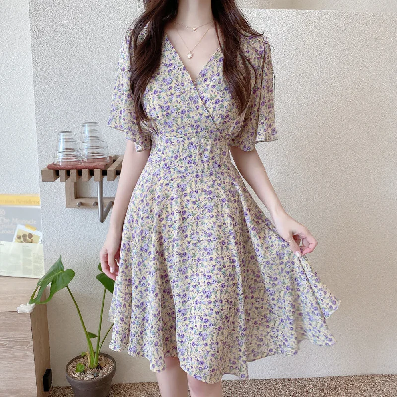 Waisted Short-Sleeved Chiffon V-Neck Floral Dress Designer floral dresses