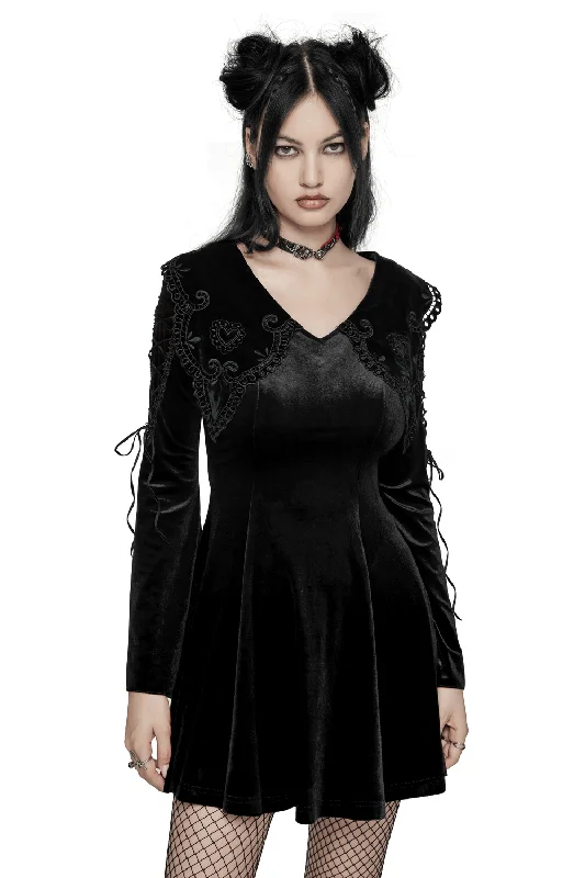 Black Velvet Lace-Up Dress with Gothic Applique Details Lace Dress Twirl