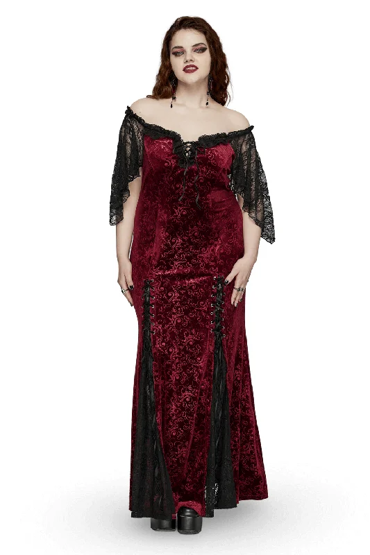 Burgundy Lace Trimmed Off-Shoulder Velvet Gown Ruffled Lace Gown