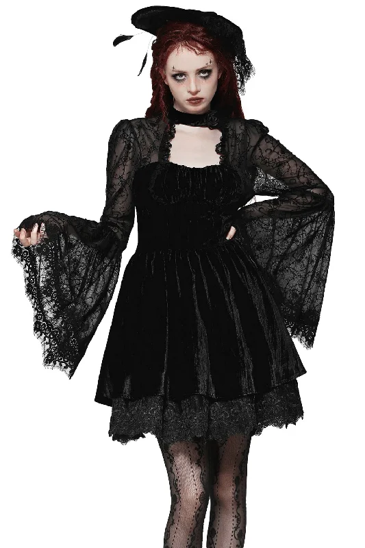 Chic Lace Detailed Gothic Dress with Flared Sleeves Ruffled Lace Dress