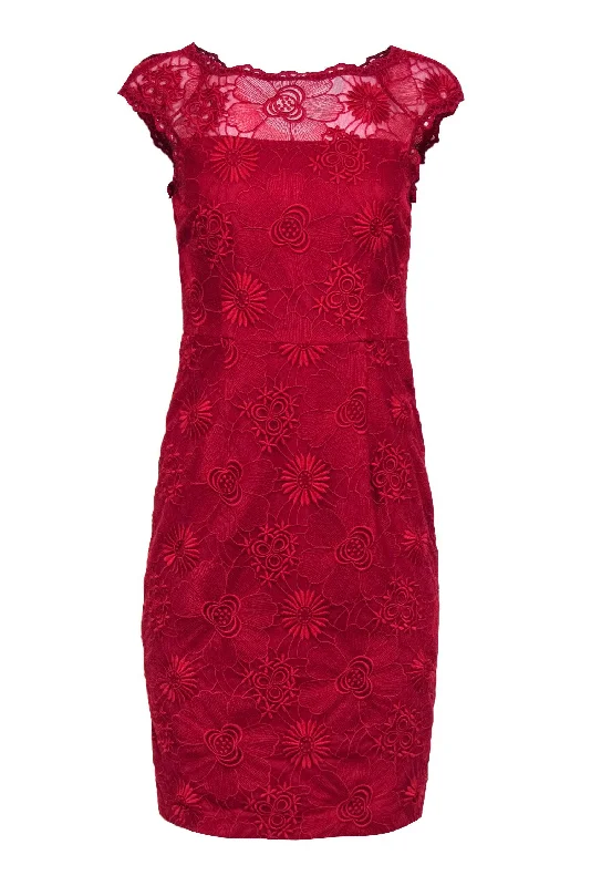 Cynthia Steffe - Red Lace Cap Sleeve Sheath Dress Sz 2 Lace Dress Deep V